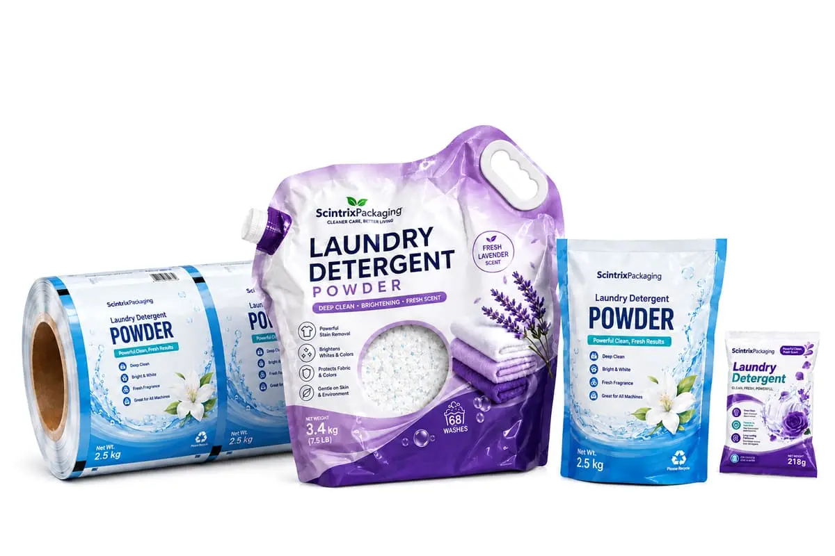 Detergent pouch cross-section illustration showing material layers