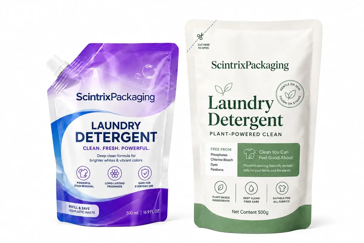 Liquid laundry detergent packaging spout pouches