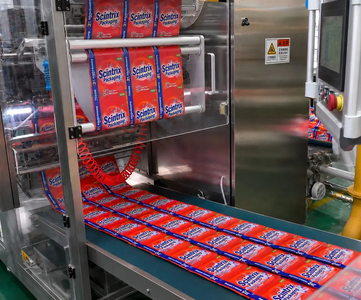 Roll stock film with printed detergent pack repeats and premade pouches prepared for filling