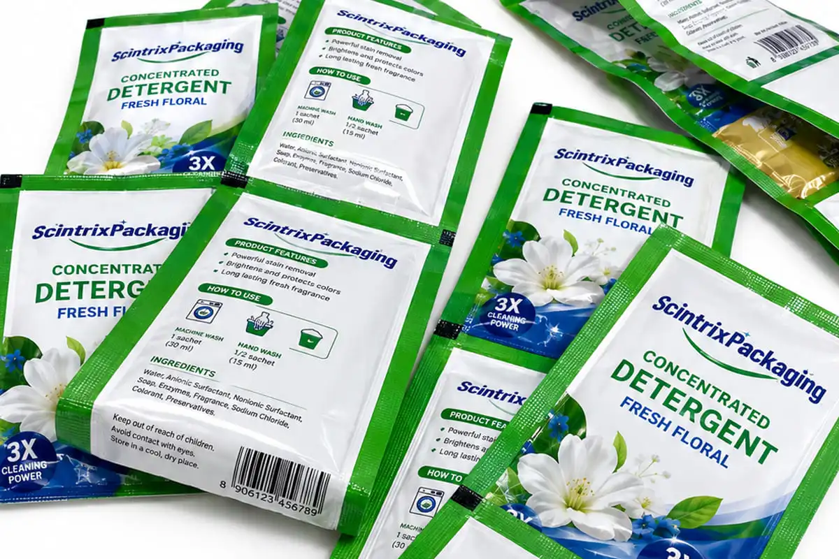 Detergent sachet packaging three side seal bags