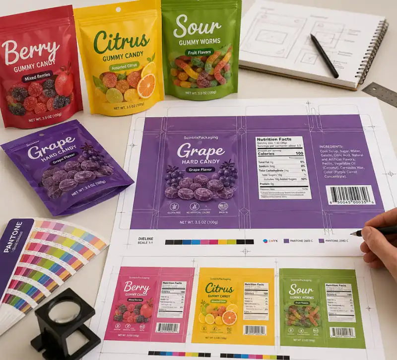 Candy pouch artwork layout close-up showing barcode and flavor name