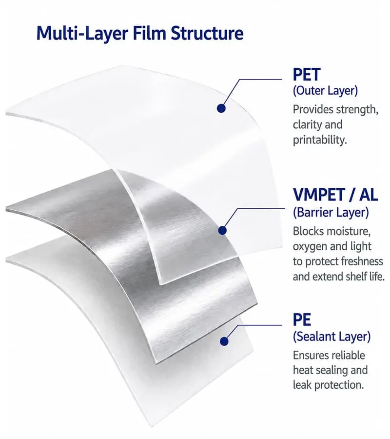 Material layer diagram showing PET, AL, PE layers