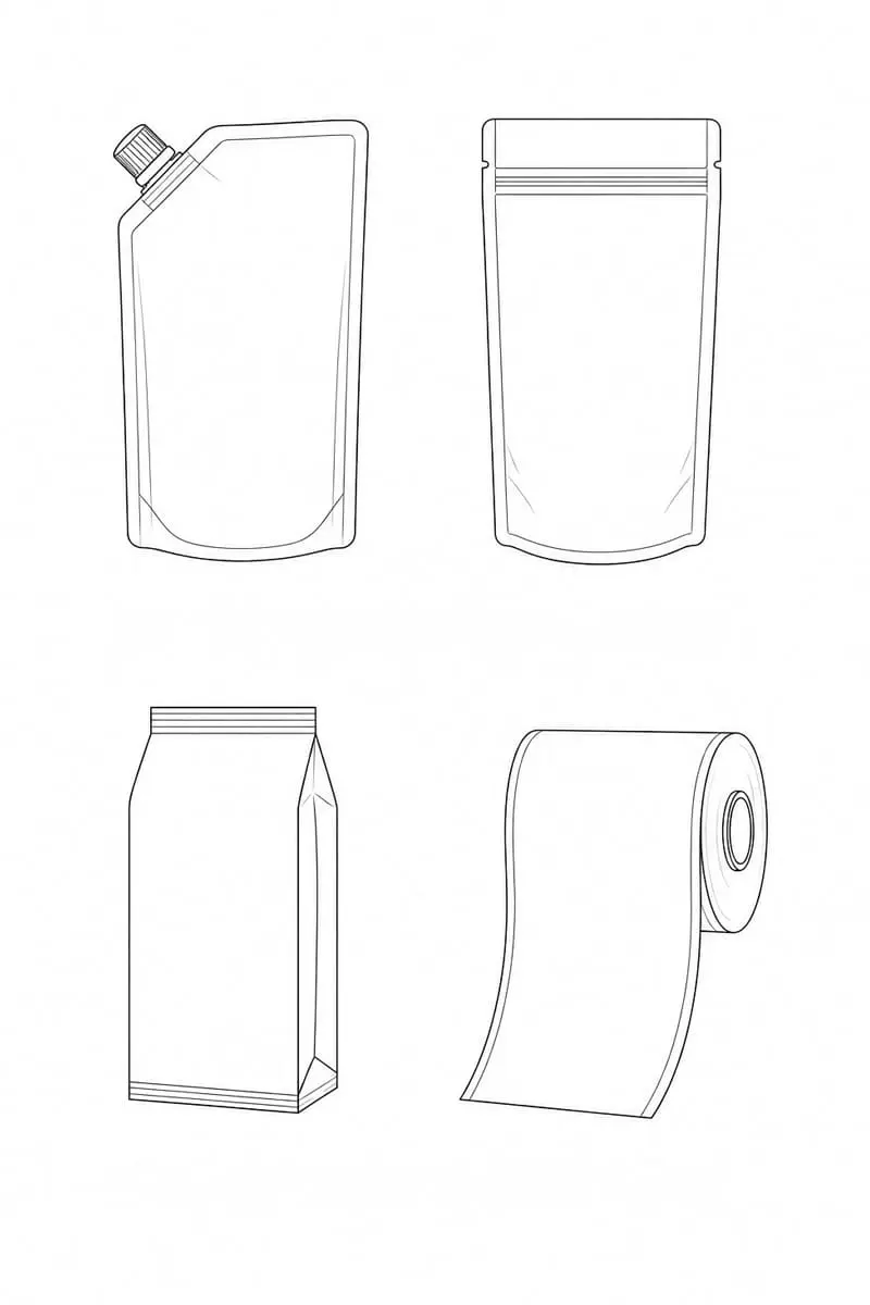 Flowchart illustration with detergent type, pouch format, material structure, spout feature, and sample approval