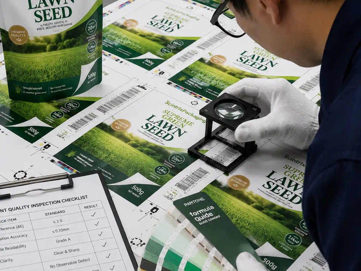Seed pouch artwork layout close-up showing planting instructions and barcode