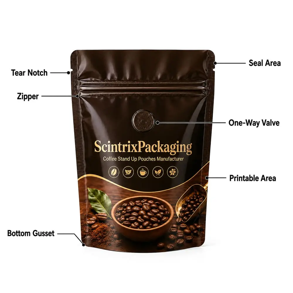 Annotated diagram of a coffee stand up pouch showing bottom gusset, valve position, zipper, tear notch, seal area, and print area