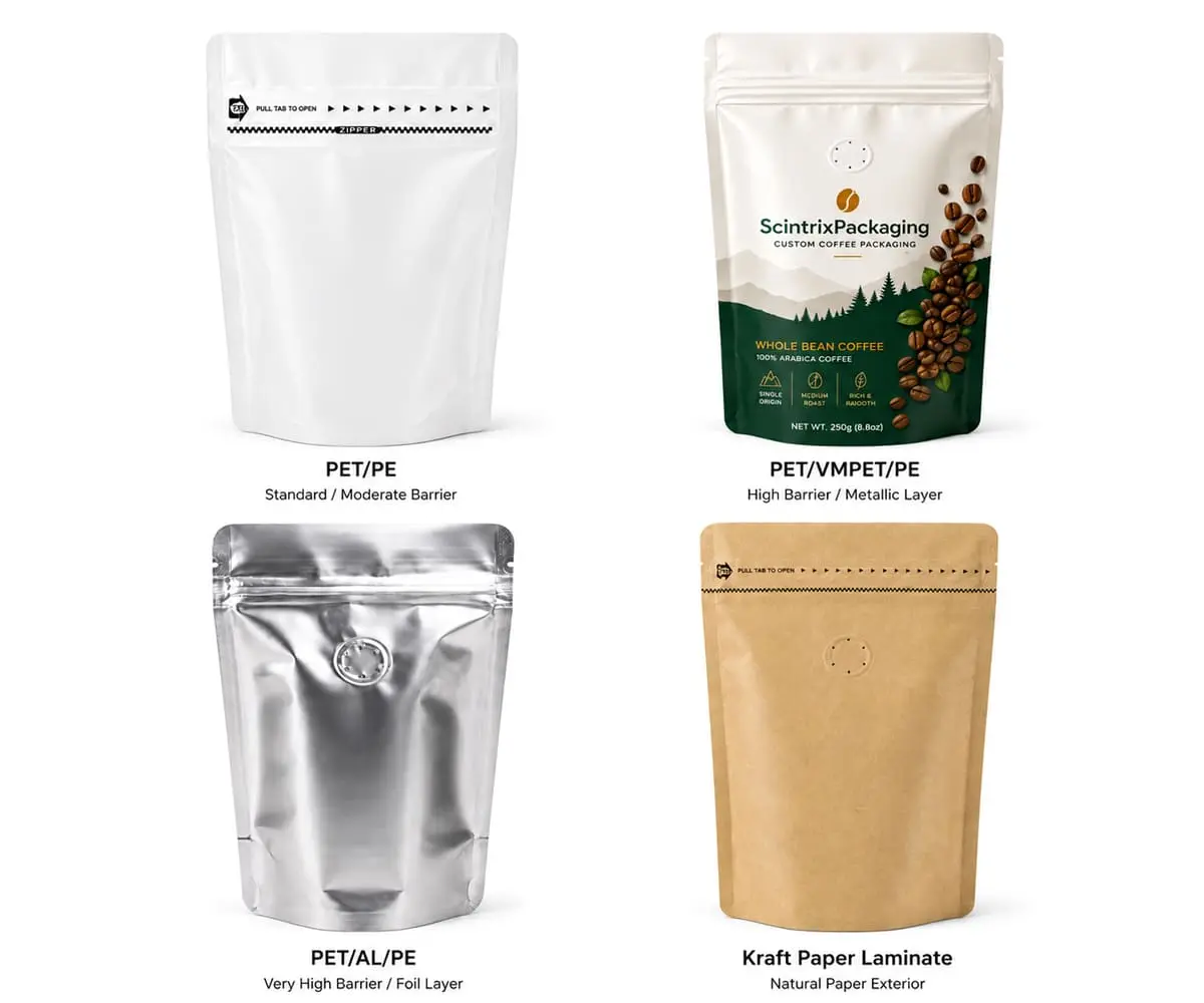 Layered coffee pouch structure diagram showing PET, VMPET, AL, PE, and kraft paper laminate