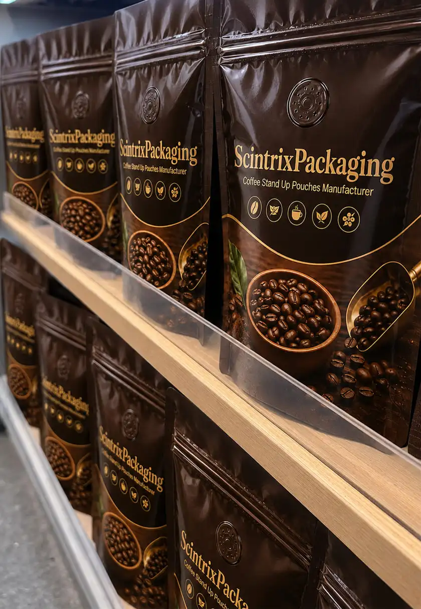 Coffee stand up pouches arranged on a clean shelf-style surface with visible valve