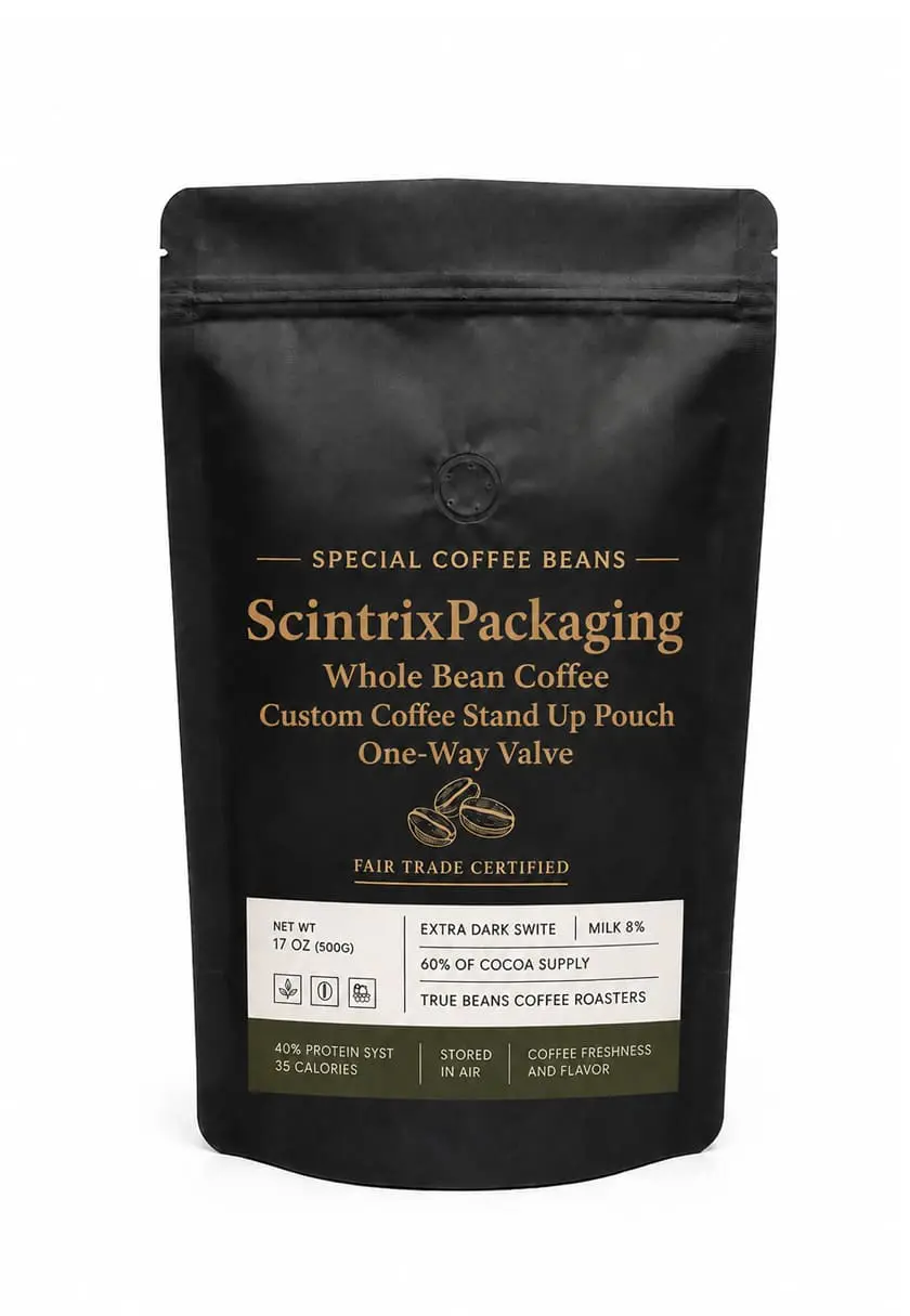 Detailed view of coffee stand up pouch zipper and roast label area