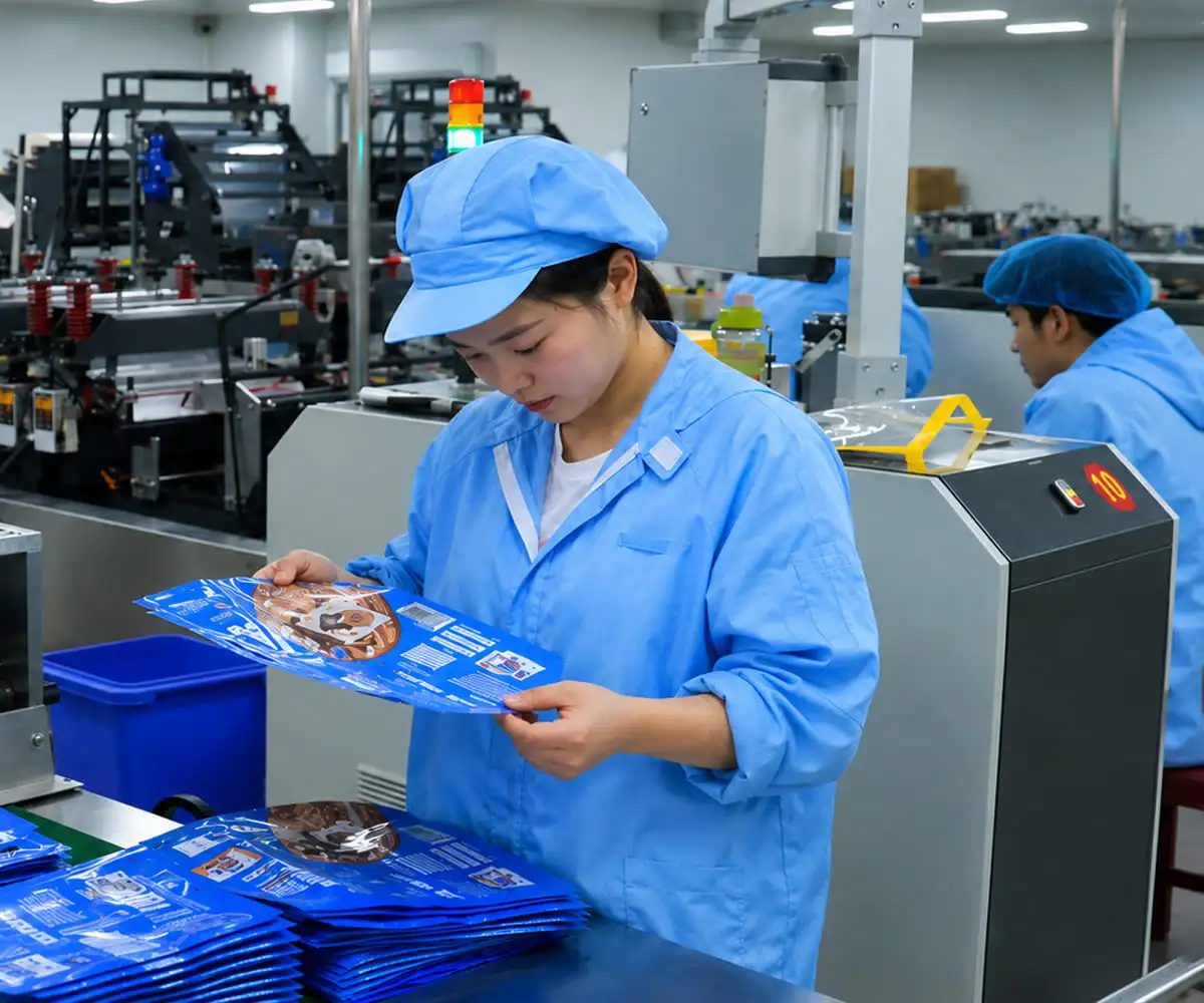 Quality inspection photo showing pouch dimension check and valve position review