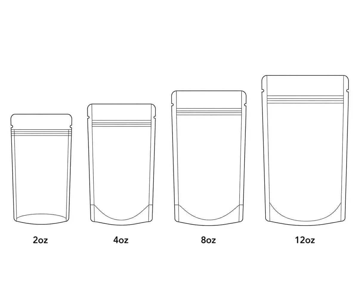 Technical illustration showing coffee pouch size, fill weight, bottom gusset depth, and valve position