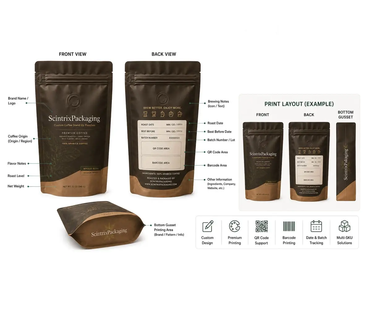 Close-up of custom printed coffee stand up pouches showing origin, roast level, and barcode