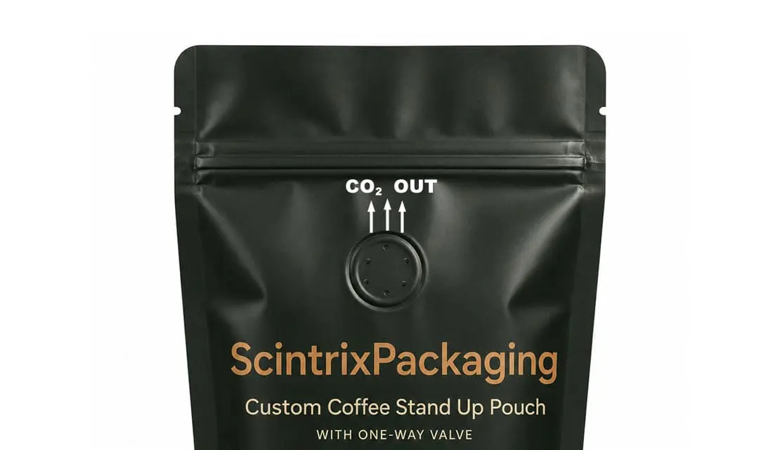 One-way degassing valve close-up on coffee pouch